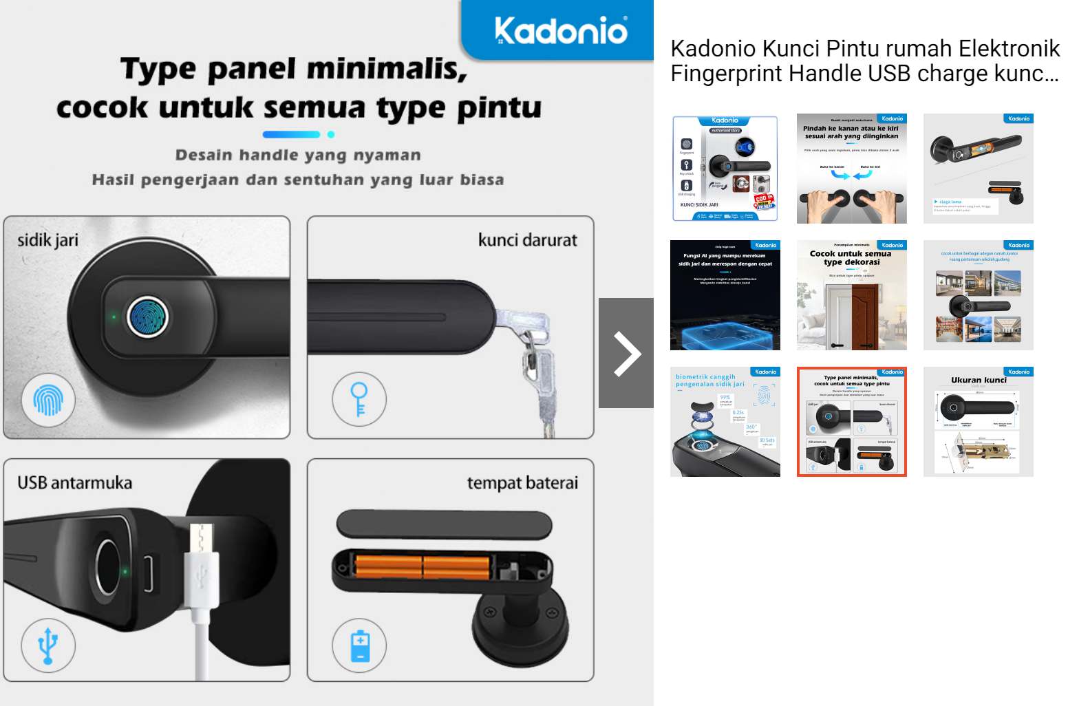 Kadonio HD-401 Kunci Pintu Elektronik Murah dengan Pemindai Sidik Jari dan Kunci Darurat USB