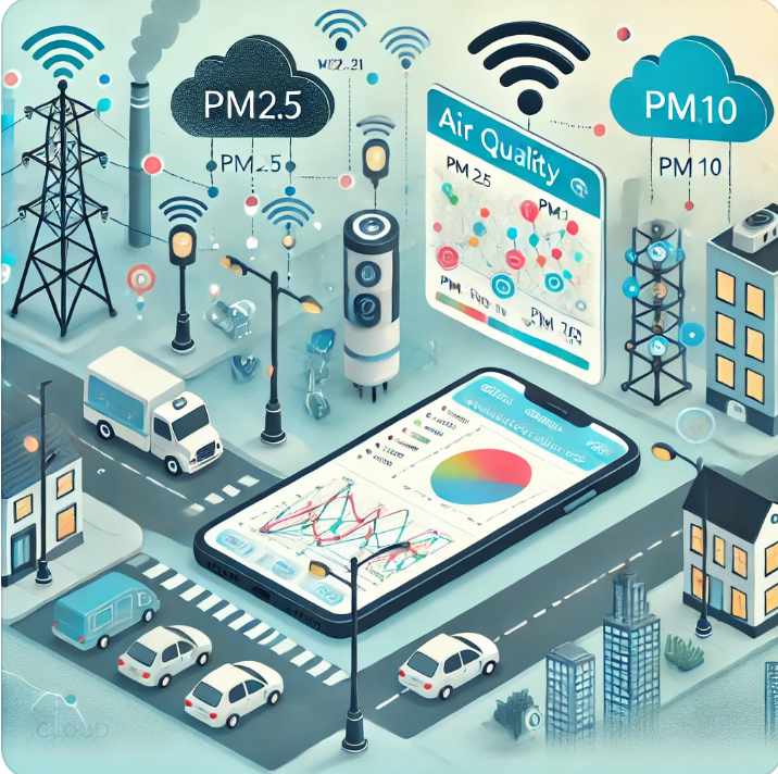 Berikut adalah ilustrasi sistem pemantauan kualitas udara berbasis IoT di lingkungan perkotaan.